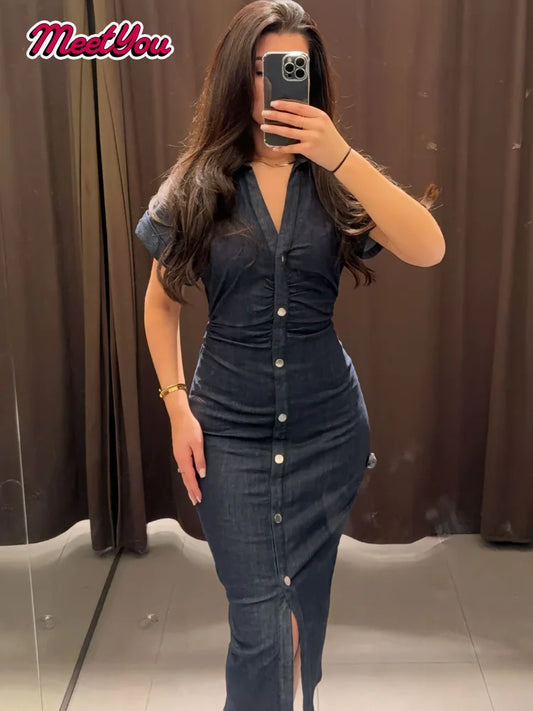 Alika™ V-Neck Denim Sheath Dress