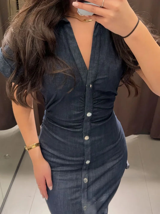 Alika™ V-Neck Denim Sheath Dress